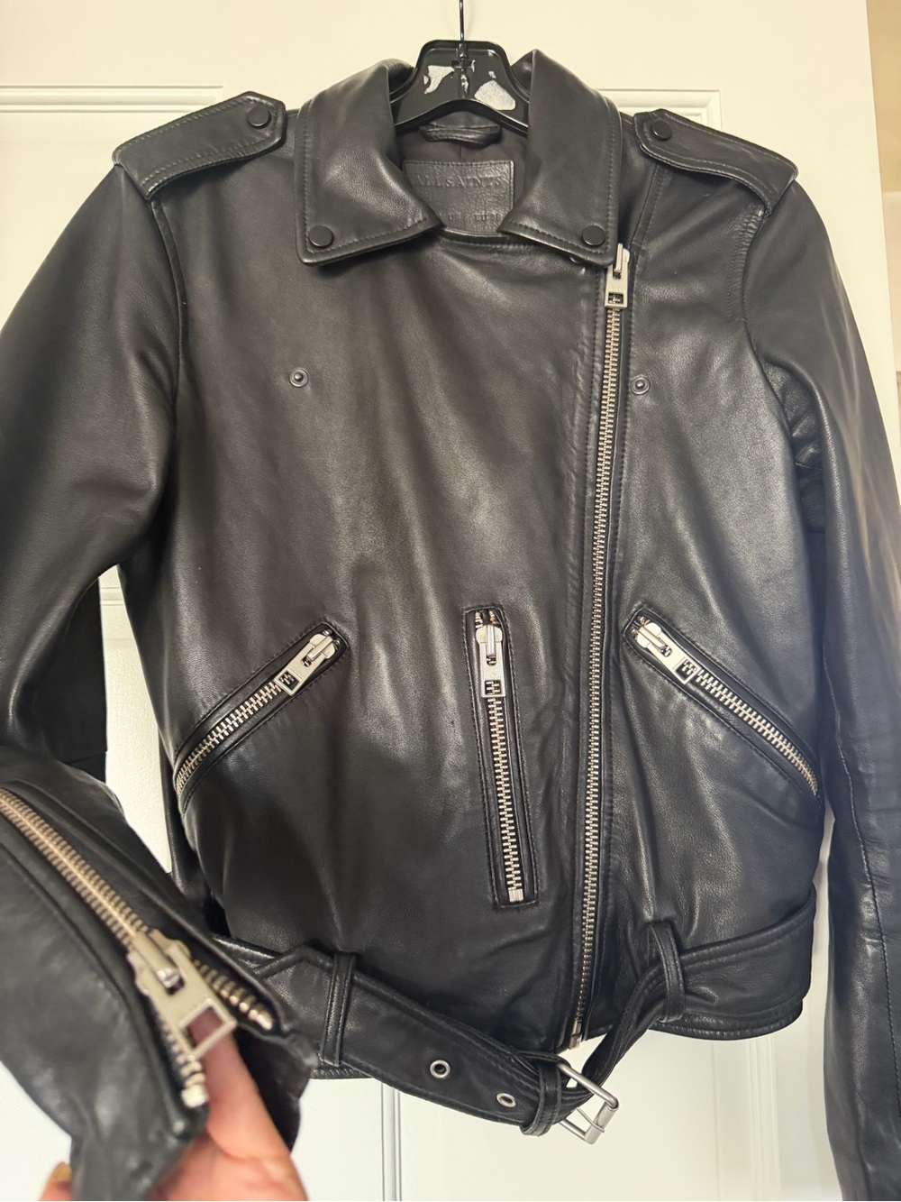 AllSaints Black Leather Moto Jacket with Zip Details